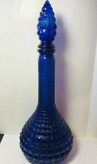 Vintage / Mid Century Cobalt Blue Decanter / Genie Bottle With Stopper 14,  " Tall