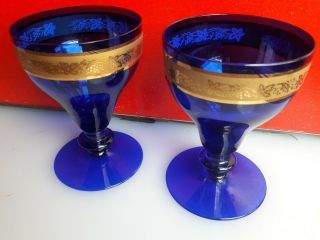 Vintage Set Of 2 Cobalt Blue Glass With Gold Rim -
