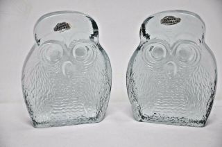 VINTAGE ART GLASS OWL BOOKENDS BY JOEL MYERS FOR BLENKO CLEAR GLASS OWLS MCM 2