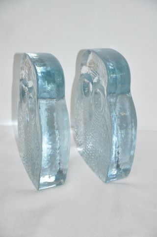 VINTAGE ART GLASS OWL BOOKENDS BY JOEL MYERS FOR BLENKO CLEAR GLASS OWLS MCM 3