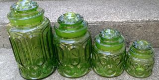Vintage L.  E.  Smith Moon & Stars Green Glass Canisters Set Of 4 Apothecary Jars