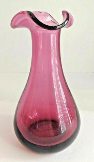 Vintage Cranberry Pilgrim Glass Hand Blown Bud Vase Scalloped Rim