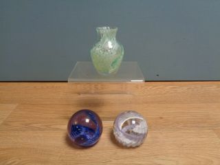 Caithness Scotland Art Glass 2 Paperweights & Vase Misty Spinnaker Lilac Blue