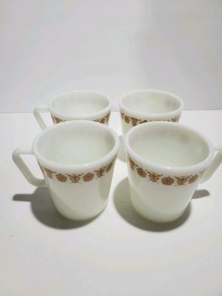 4 Vintage Pyrex 1410 D - Handle Butterfly Gold Milk Glass Mug Cups