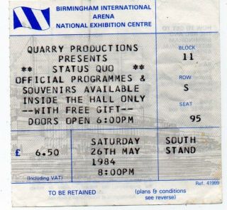 Status Quo Concert Ticket 1984 N E C Birmingham,  Unique Live Aid Image