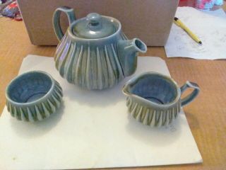 Vtg Wade Irish Porcelain Tea Pot James Borsey Raindrops Design Green Blue 3pc