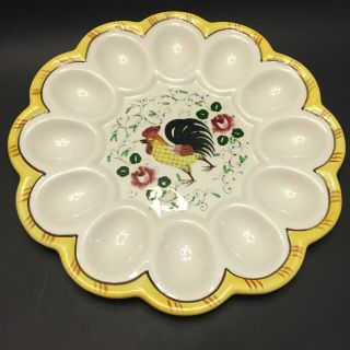 Vintage Py Rooster And Roses Deviled Egg Dish Plate @ 9 1/2 " Diameter