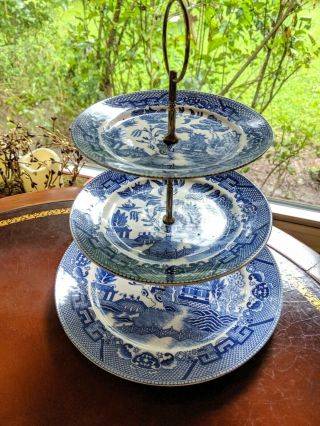 Blue Willow 3 Tier Tidbit Oriental China Porcelain Bonbon Server Tray Chipped