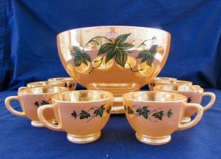 Vintage 1950 - 60 Anchor Hocking Peach Lustre Ivy Punch Bowl Base Eight Cups