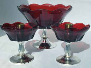 Set Of 3 - Ruby Red Glass Compote Bowl On Metal Base W/ Matching Candle Holders