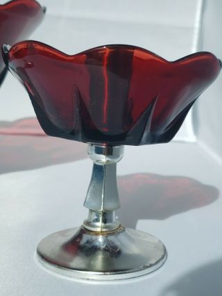 Set of 3 - Ruby Red Glass Compote Bowl on Metal Base w/ Matching Candle Holders 2