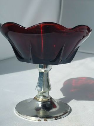 Set of 3 - Ruby Red Glass Compote Bowl on Metal Base w/ Matching Candle Holders 3