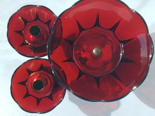 Set of 3 - Ruby Red Glass Compote Bowl on Metal Base w/ Matching Candle Holders 5