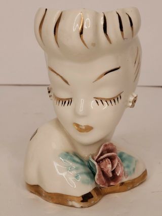 Vintage Glamour Girl Lady Head Vase Ceramic Gold Trim Headvase Pin Up Rose