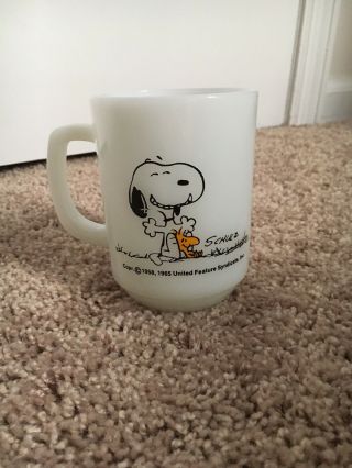 Vtg Anchor Hocking Fire King Peanuts Milk Glass Mug ‘this Has Been A Good Day’