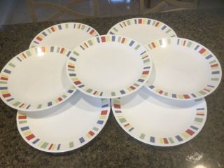Corelle Memphis Dinner Plates 10 1/4 " Color Blocks On White (set Of 7)