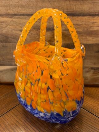 Murano Style Art Glass Hand Blown Blue Orange Purse Bag Vase Applied Handles