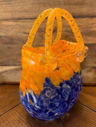 Murano Style Art Glass Hand Blown Blue Orange Purse Bag Vase Applied Handles 2