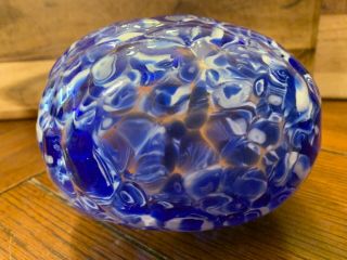 Murano Style Art Glass Hand Blown Blue Orange Purse Bag Vase Applied Handles 3