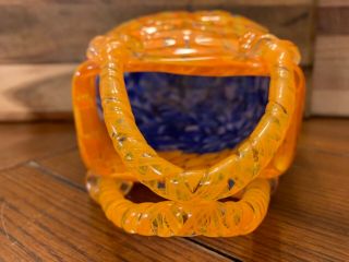 Murano Style Art Glass Hand Blown Blue Orange Purse Bag Vase Applied Handles 4