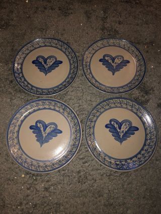 Set Of 4 Beaumont Brothers Pottery.  Winged Heart.  Salt Glazed 9” Plates 1992