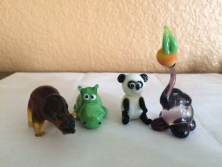 4 Russian Hand Blown Colored Miniature Glass Animals Bear Hippo Elephant Panda