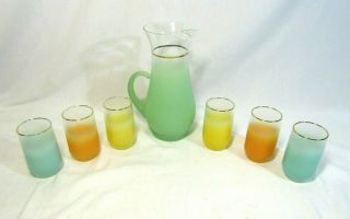 Frosted Pastel Blendo Pitcher & 6 Tumblers 1960 