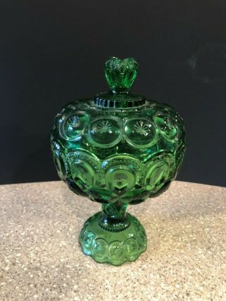 Vtg L.  E.  Smith Lidded Emerald Green Moon And Stars Footed Compote Candy Dish