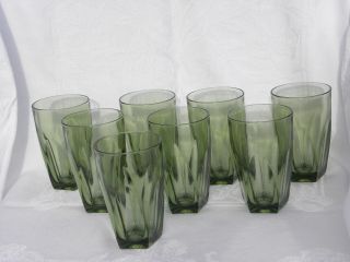 8 Vintage Mid - Century Modern Avocado Green Glass Drink Tumblers Or Glasses