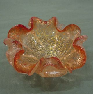 Vintage Midcentury Murano Orange - Red Glass Dish Gold And Silver Foil / Leaf