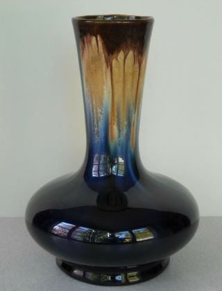 Thulin Belgium Art Pottery Vase Cobalt Blue & Brown Drip Glaze 8 "