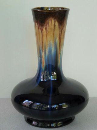 Thulin Belgium Art Pottery Vase Cobalt Blue & Brown Drip Glaze 8 