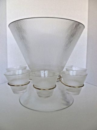 Large Vintage Punch Bowl With Base & Eight Glasses - & Images
