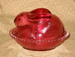 Vtg Lg Indiana Glass Cranberry Red Pink Bunny On Nest Covered Lidded Candy Dish