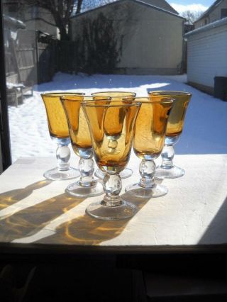 Six Amber 10 Ounce Glasses With Clear Stems And Feet - Stand 7 - 1/4 " Tall,  Ec