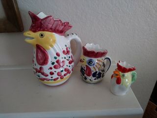 Vintage Ceramic Rooster Pitchers Set Of 3.  Italy Pottery Hand Painted