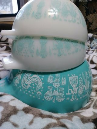 Vintage Pyrex Amish Butterprint Turquoise Cinderella Piece Mixing Bowl Set Euc