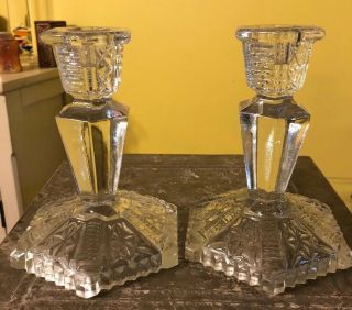 Antique Clear Cut Glass Crystal Notched Candlesticks Candle Holders 5.  5”