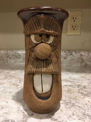 Hand Thrown Pottery Beer Mug Stein Signed Unusual Unique Crazy Face