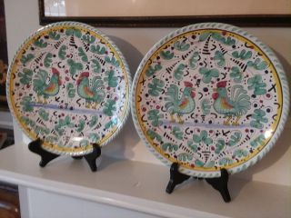 Two Italian Deruta Galletto Green Rooster Dinner Plates/wall Decor.