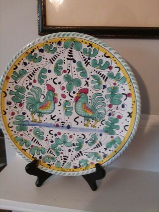 Two Italian Deruta Galletto Green Rooster dinner plates/wall decor. 2