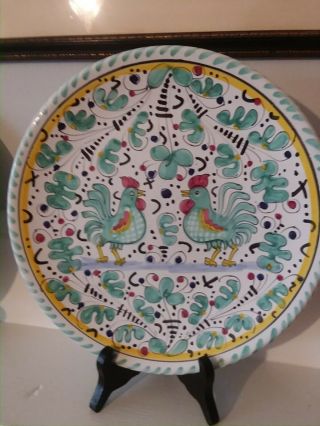 Two Italian Deruta Galletto Green Rooster dinner plates/wall decor. 5