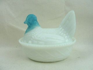 Vintage West - Moreland " Hen On A Nest " White Milk Glass With Blue Head