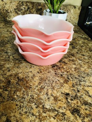 Vtg Nos Set 4 Hazel Atlas Crinoline Ruffle Pink Soup Cereal Bowls Evc 5 1/2