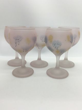 Set Of 5 Rueven Art Nouveau Pink Frosted Satin Wine Glasses