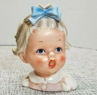 Vintage Relpo Japan Baby Face Lady Head Vase Blue Eyes Bow Curls