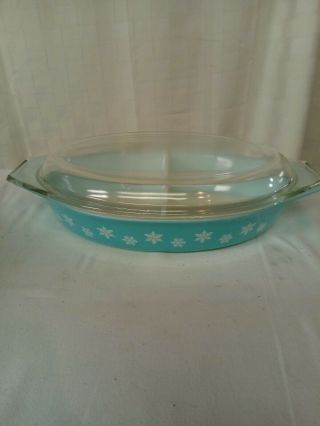 Vintage Pyrex Turquoise Blue Snowflake Divided Dish W/ Lid 1 1/2 Quart