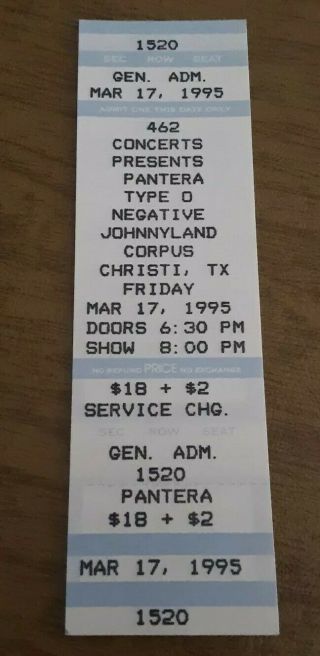 Vintage Pantera Type O Negative Texas Concert Ticket Dimebag Darrell Stub