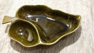 Vintage Treasure Craft Usa 87 Green Glazed Divided Leaf Bowl W/ Faux Wood Tiki