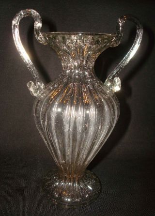 Vintage Venetian Murano Italian Art Glass Hand Blown Ribbed Handled 5 ¾” Vase
